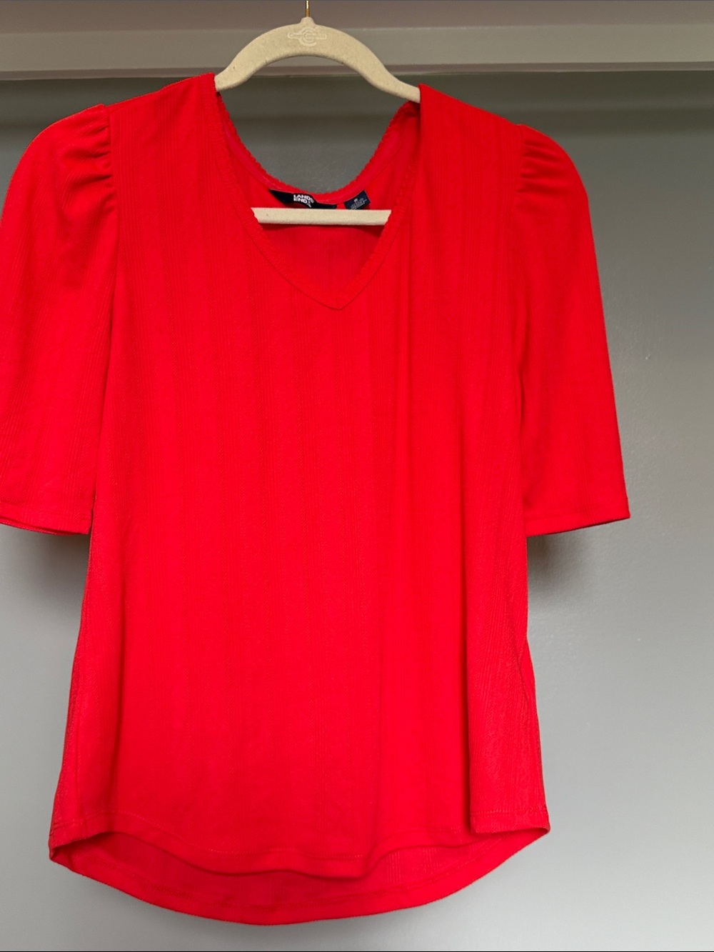 Lands' End Red V-Neck Puff Shoulder Blouse